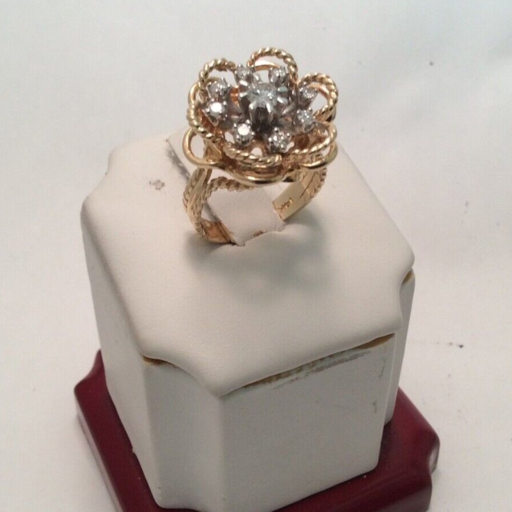 14K Yellow Real Solid Gold Flower Diamond Lady Ring Band Size 6.5    7.70gr